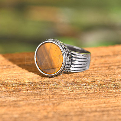 304 Stainless Steel with Natural Tiger Eye Finger Rings for Men FS-WGE1297-01-1
