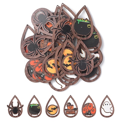 24Pcs 6 Styles Halloween Theme Single Face Printed Aspen Wood Big Pendants WOOD-FS0001-02-1