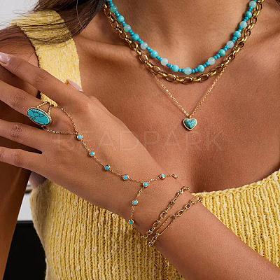 304 Stainless Steel Pave Synthetic Turquoise Link Ring Bracelets LS-VX6527-1