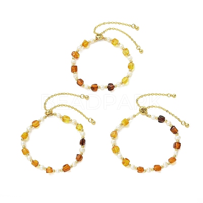 Adjustable Natural Cultured Freshwater Pearl & Amber Beads Slider Bracelets for Women BJEW-JB13608-1