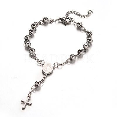 Tarnish Resistant Rosary Bead Bracelets with Cross BJEW-E282-03P-1