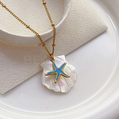 Natural Shell & 304 Stainless Steel Pendant Satellite Chain Necklaces for Women FS-WG3FAFC-01-1