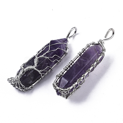 Natural Amethyst Big Wire Wrapped Pointed Pendants G-T133-P02C-1