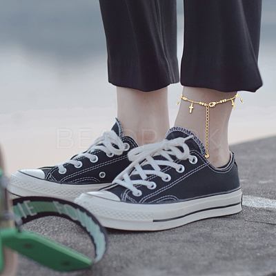 3Pcs 3 Style Butterfly & Cross & Enamel Evil Eye Charm Anklets Set AJEW-AN0001-06-1