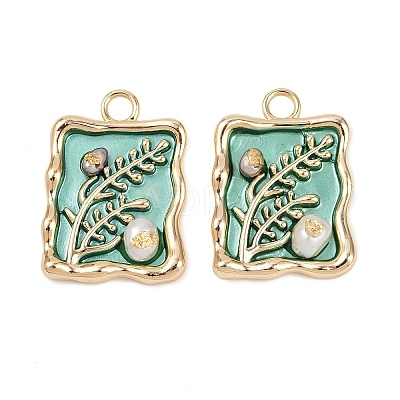 Brass Enamel & Natural Pearl Rectangle with Flower Pendants KK-K351-51G-04-1