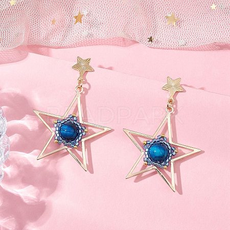 Natural Tiger Eye Star Dangle Stud Earrings EJEW-MZ00356-1