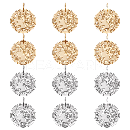 12Pcs 2 Colors 304 Stainless Steel Coin Pendants STAS-UN0064-48-1