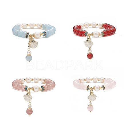 Natural Mixed Gemstone & Pearl Stretch Bracelet BJEW-JB09224-1
