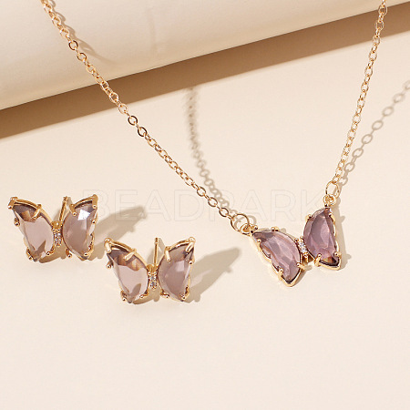 Butterfly Acrylic Rhinestone with Iron Pendant Necklaces & Stud Earrings Sets for Women WGFFCAF-03-1