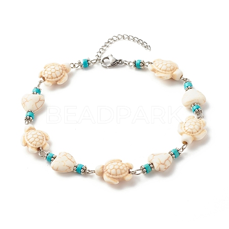 Heart & Tortoise Synthetic Turquoise Beaded Anklet AJEW-AN00459-01-1