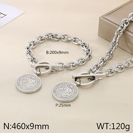 Flat Round with Saint Benedict 304 Stainless Steel Pendant Necklaces & Charm Bracelets Sets FS-WG2A73C-01-1