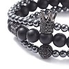 3Pcs 3 Style Round Synthetic Black Stone & Hematite Beaded Stretch Bracelets Set BJEW-JB07688-02-5