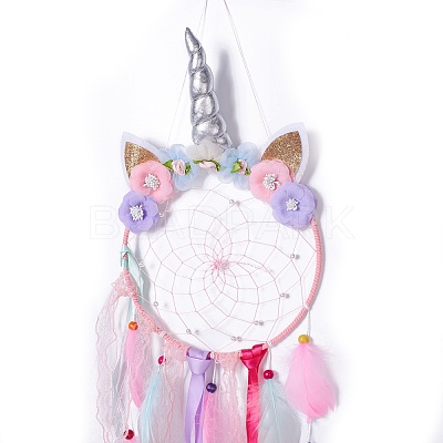Handmade Unicorn Woven Net/Web with Feather Wall Hanging Decoration HJEW-A001-01A-1