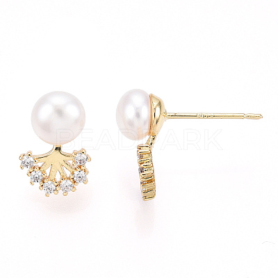 Clear Cubic Zirconia Tree of Life Stud Earrings with Natural Pearl PEAR-N020-06I-1
