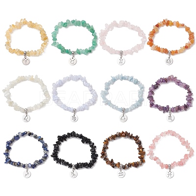12Pcs Natural & Synthetic Gemstone Chip Beaded Stretch Bracelets BJEW-JB11133-1