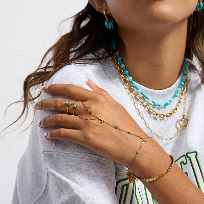Natural Turquoise 304 Stainless Steel Flower Hand Chain Ring Bracelets for Women EH8478-1