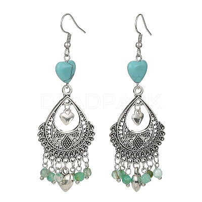 Natural Agate(Dyed) & Synthetic Turquoise Heart Chandelier Earrings EJEW-JE05364-03-1