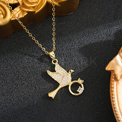 Brass Pave Clear Cubic Zirconia Bird with Diamond Ring Pendant 201 Stainless Steel Cable Chain Necklaces for Women WGE4717-01-1