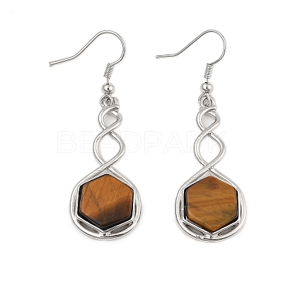 Hexagon Natural Tiger Eye Dangle Earrings EJEW-K298-01P-12-1