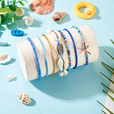 2 Bags Summer Beach Glass Seed Beaded & Natural Shell & Alloy Starfish Charm Anklet Sets AJEW-TA0003-69D-1