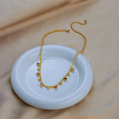 316 Surgical Stainless Steel Pave Colorful Cubic Zirconia Ball Chain Flat Round Tassel Necklaces FS-WGDEC77-01-1