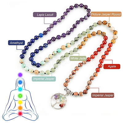 Natural Mixed Stone Tree of Life Pendant Necklace with Round Beaded Chains NJEW-AB00015-01-1