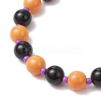 Halloween Theme Baking Paint Glass & Natural Black Onyx(Dyed & Heated) & Synthetic Turquoise Pumpkin Round Beaded Stretch Bracelets BJEW-MZ00188-01-1
