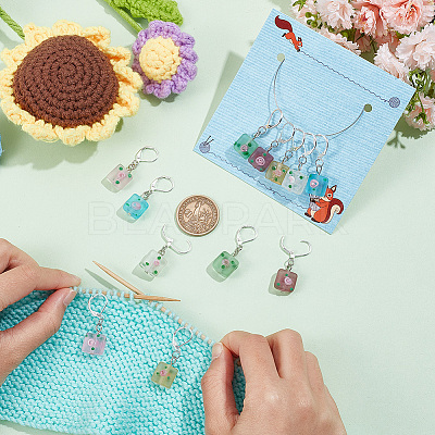 12Pcs 6 Colors Square Flower Handmade Frosted Lampwork Pendant Stitch Markers HJEW-NB00025-1