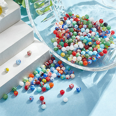 4 Strands Handmade Millefiori Glass Round Bead Strands LAMP-GO0001-13-1