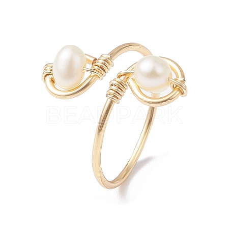 Copper Wire Wrapped Natural Cultured Freshwater Pearl Toe Open Ring RJEW-JR00620-1