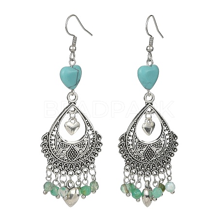 Natural Agate(Dyed) & Synthetic Turquoise Heart Chandelier Earrings EJEW-JE05364-03-1