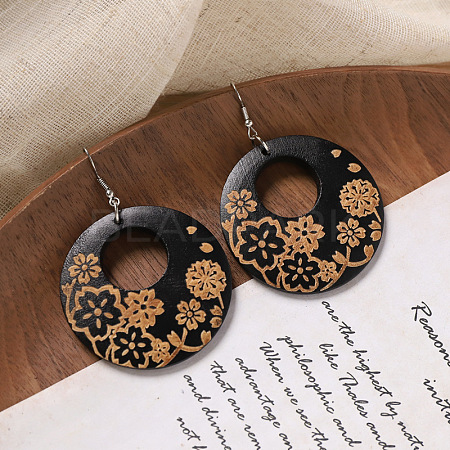 Flat Round Wood Dangle Earrings FS-WGF3184-06-1