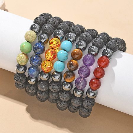 Natural Lava Rock and Non-Magnetic Synthetic Hematite Beads Braided Bead Bracelets BJEW-JB03975-1