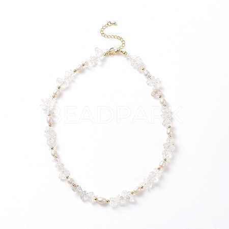 Natural Quartz Crystal Chips & Pearl Beaded Necklace NJEW-JN04008-02-1