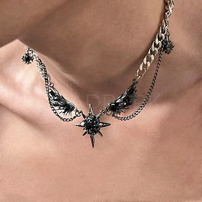 304 Stainless Steel Jet Rhinestone Star with Wings Choker Necklaces for Women FS-WG57FF6-01-1