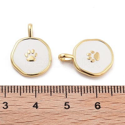 Flat Round with Paw Print Pattern Rack Plating Brass Enamel Pendants KK-G512-12G-1