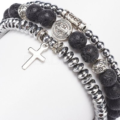 3Pcs 3 Style Natural Lava Rock & Synthetic Hematite Stretch Bracelets Set BJEW-JB08692-1