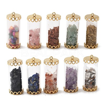 Glass Tube with Natural & Synthetic Mixed Gemstone Chip Beads Inside Pendants FIND-B054-01G-1