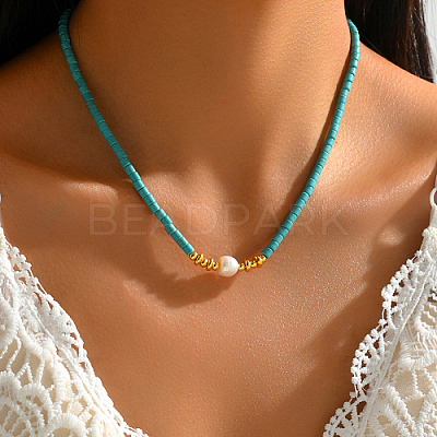 Synthetic Turquoise Column & Natural Pearl Beaded Necklace DK7962-1-1