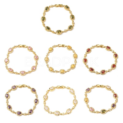 Oval Brass Micro Pave Cubic Zirconia Link Chain Bracelets for Women BJEW-D387-04G-1