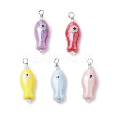 Fish Shaped Evil Eye Glazed Porcelain Pendants PALLOY-JF03803-1