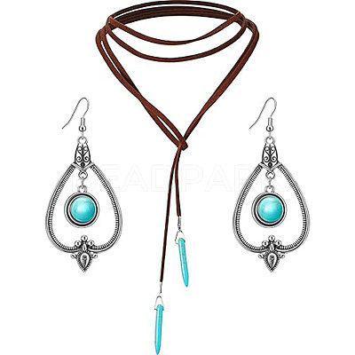 Alloy & Synthetic Turquoise Earrings & Leather Cord Necklaces Sets FS-WG48C4B-03-1