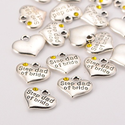 Wedding Theme Antique Silver Tone Tibetan Style Alloy Heart with Step Dad of Bride Rhinestone Charms TIBEP-N005-22D-1