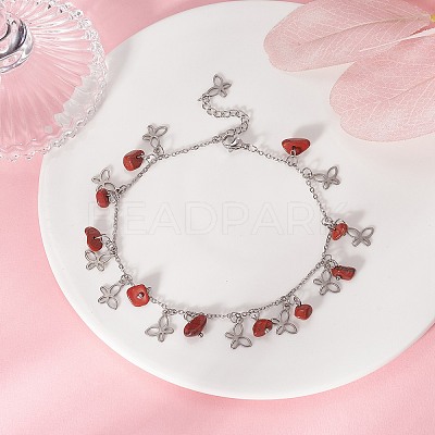 Natural Red Jasper Chips & Butterfly Charms Anklet AJEW-AN00512-07-1