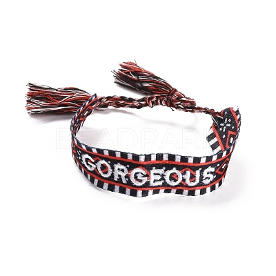 Word Gorgeous Polycotton(Polyester Cotton) Braided Bracelet with Tassel Charm BJEW-F429-03-1