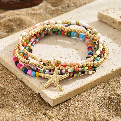 Multilayer Glass Seed Beads Starfish Pendant Anklet for Women PW-WG7288D-01-1