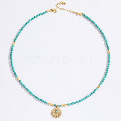 Stainless Steel Evil Eye Pendant Faceted Round Synthetic Turquoise Beaded Necklaces for Women Ion Plating(IP) JF6983-5-1