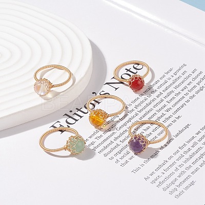 5Pcs 5 Style Natural & Synthetic Mixed Stone Round Ball Braided Finger Rings RJEW-TA00039-1