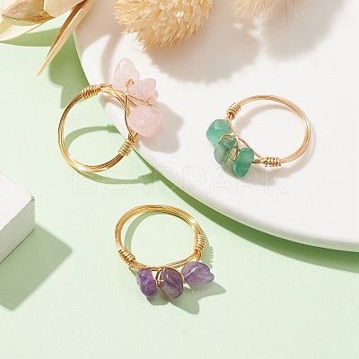 Natural Mixed Gemstone Chips Beaded Finger Rings RJEW-JR00582-1