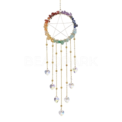 Wire Wrapped Chakra Natural Gemstone Chips Ring with Star Hanging Ornaments HJEW-JM02367-1
